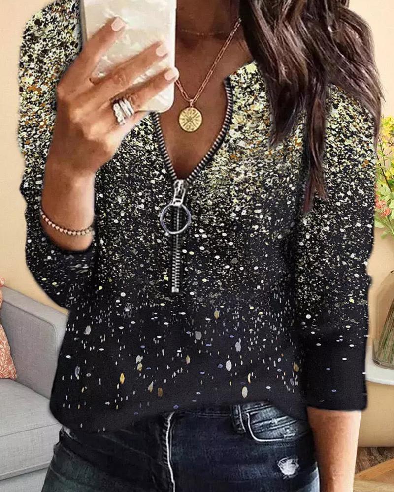 

Glitter Print Zip Front Long Sleeve Top, Black