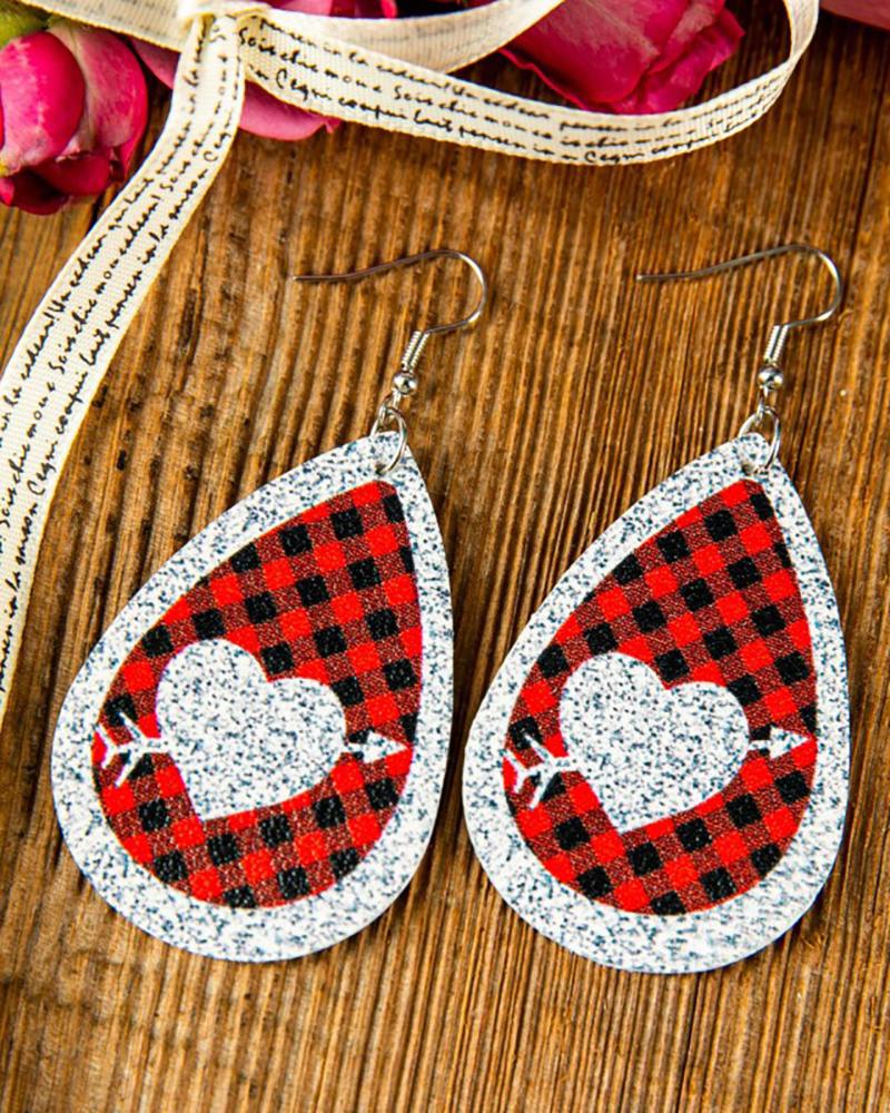 

Valentine's Day Waterdrop Shaped Plaid Heart Print Drop Earrings, Red