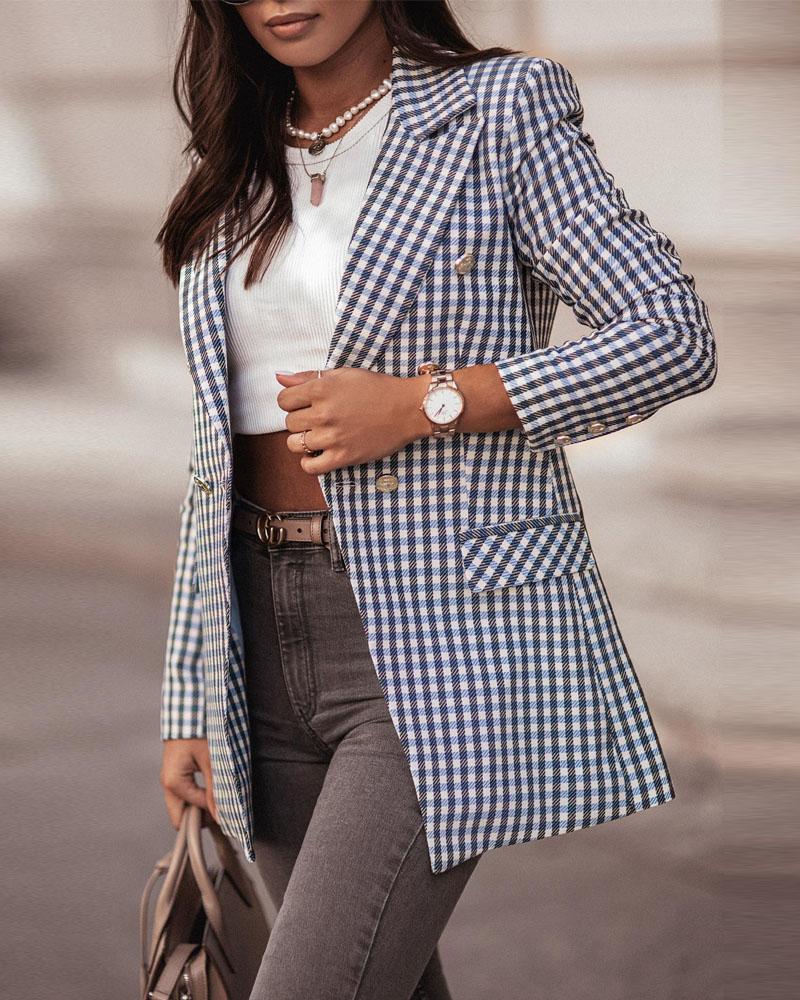 

Plaid Print Double Breasted Flap Detail Blazer Coat, Blue