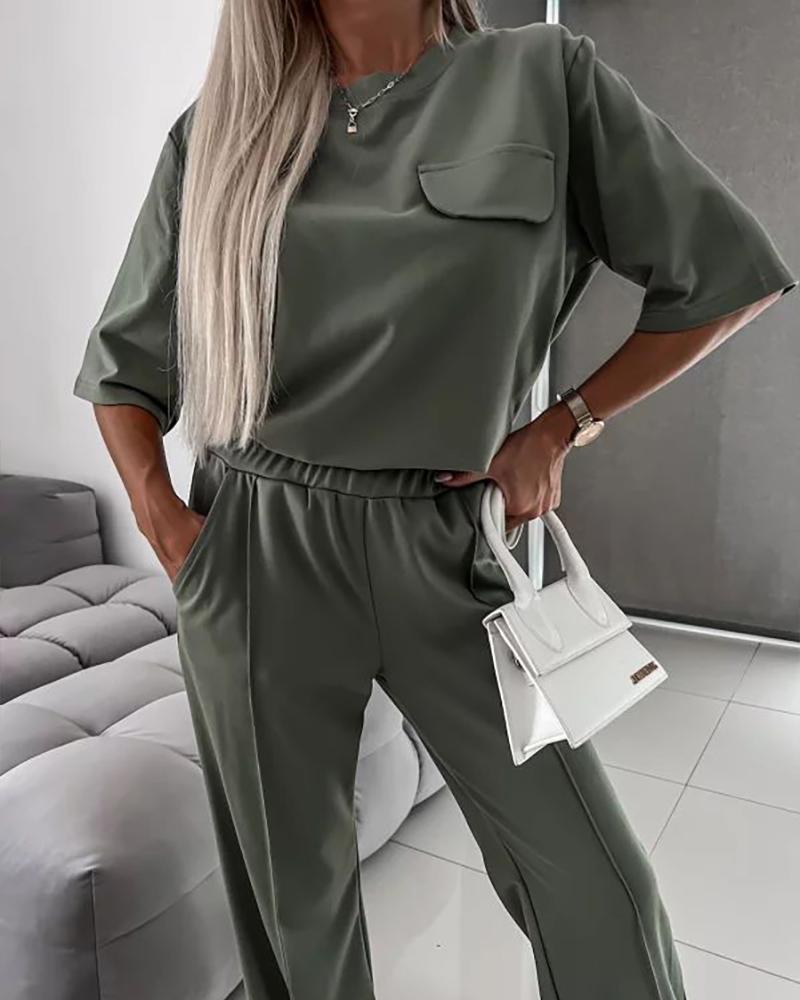 

Flap Detail T-Shirt & Elastic Waist Pants Set, Green