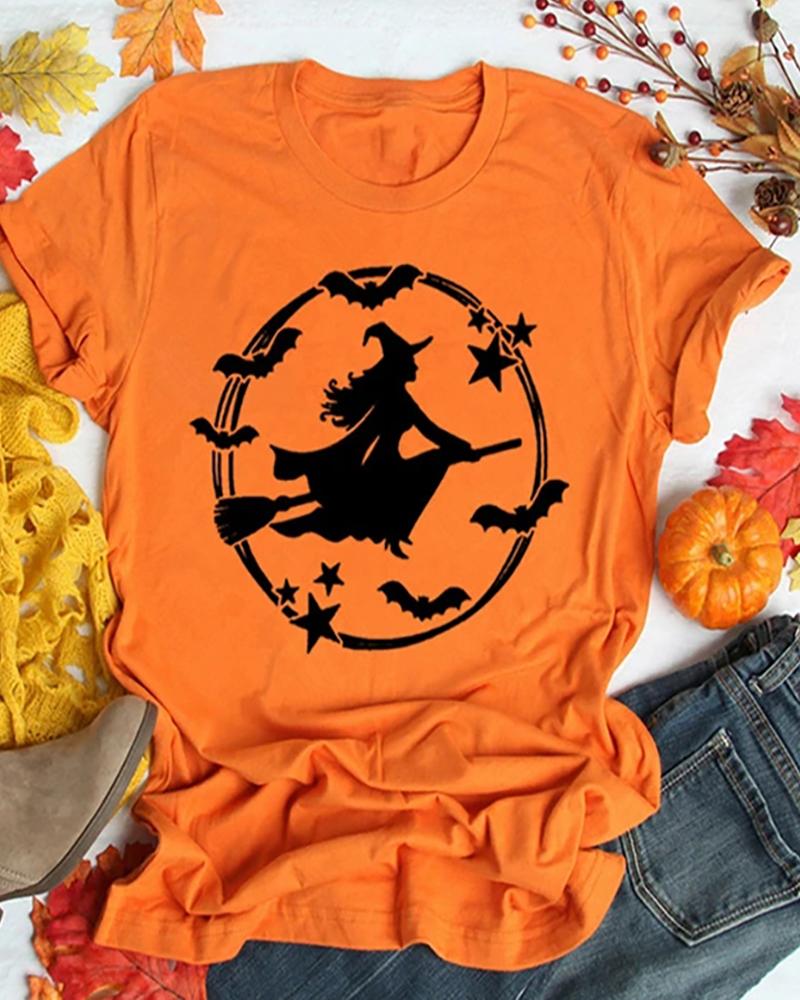 

Halloween Witch Print Short Sleeve T-Shirt, Orange