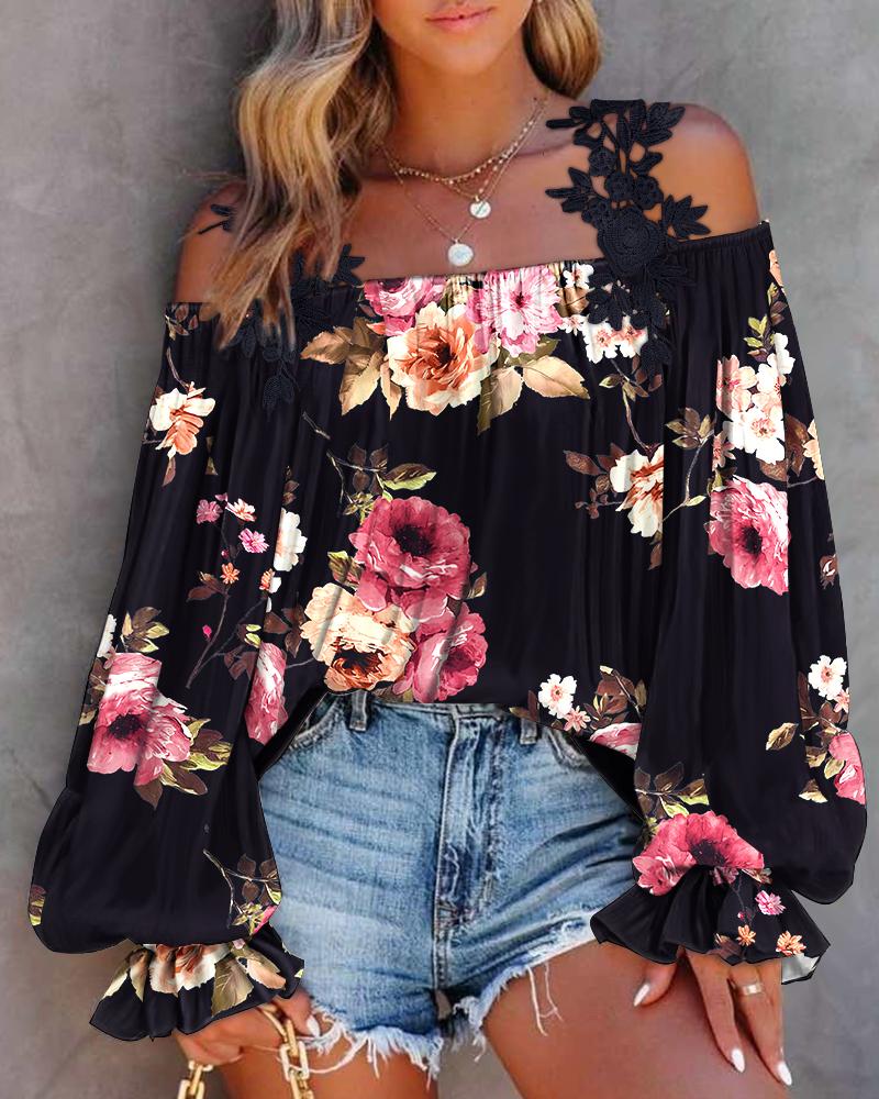 

Floral Print Lace Patch Cold Shoulder Top, Black