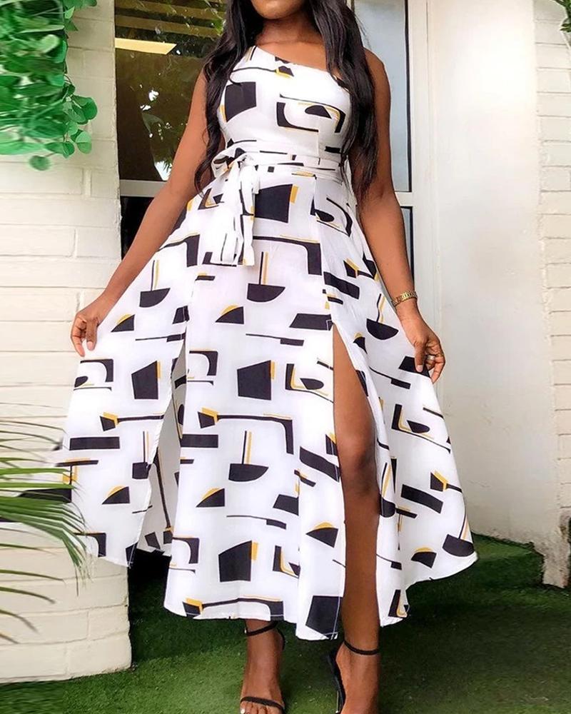 

Geo Print One Shoulder Split Thigh Casual Dress, White