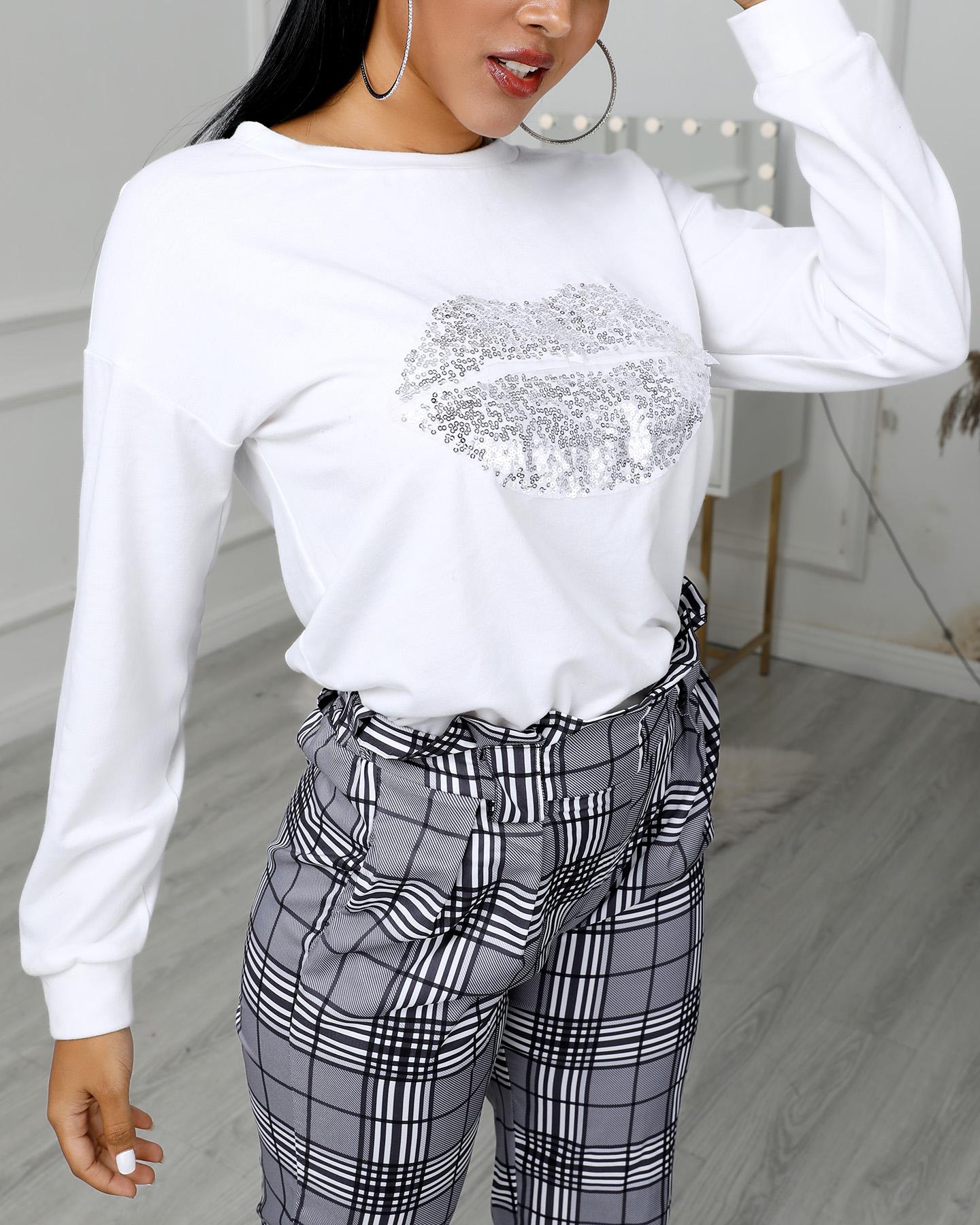 

Lip Pattern Sequins Long Sleeve Top, White