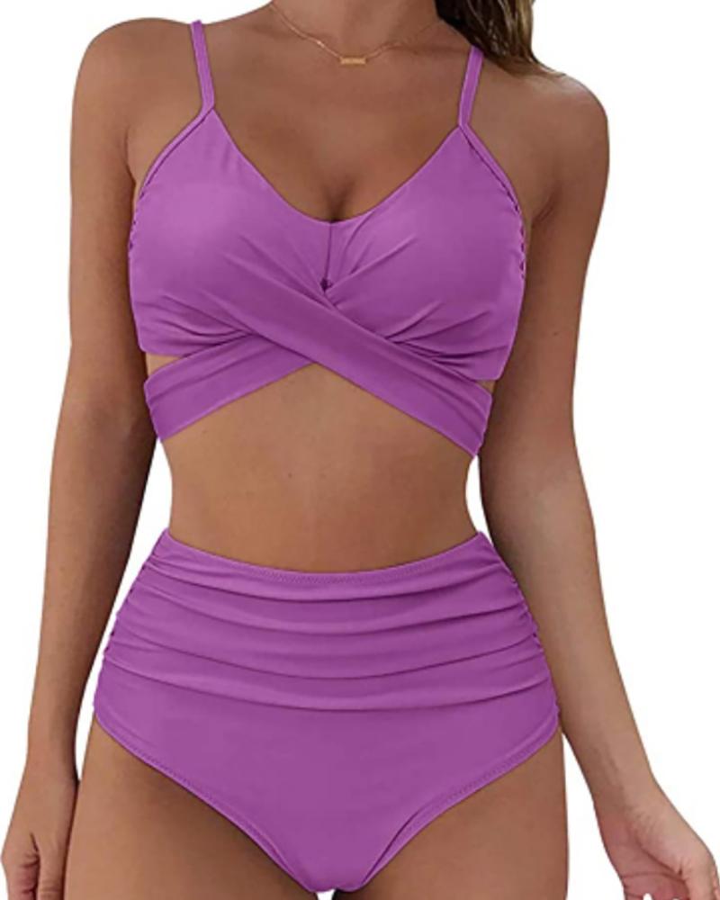 

V-Neck Sleeveless Cross Front Bikini Set, Purple