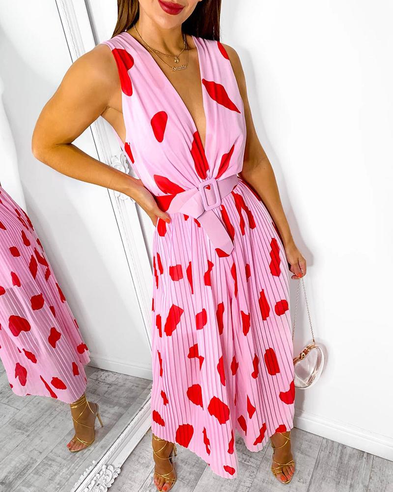

Allover Print Belted Pleated Jumpsuit, Hot pink