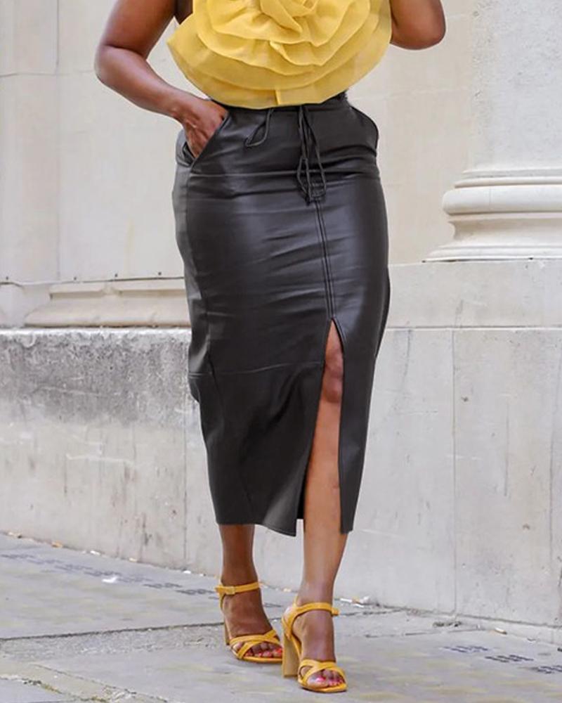 

Pocket Detail Slit Front PU Leather Skirt, Black