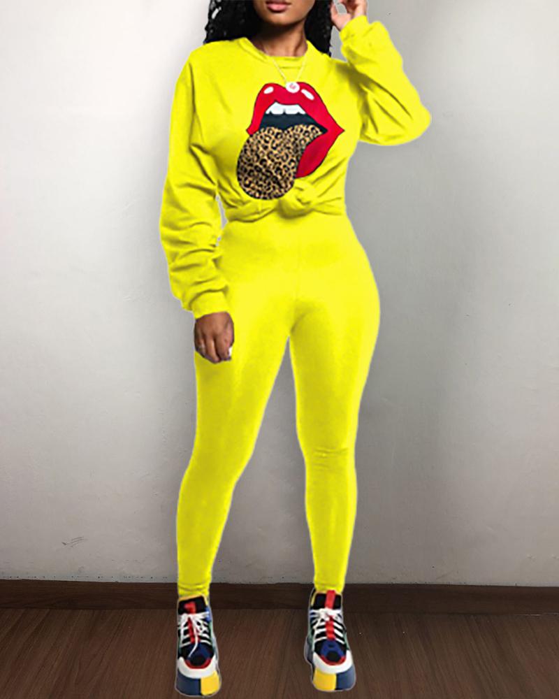 

Leopard Lip Print Long Sleeve Top & Pants Set, Yellow