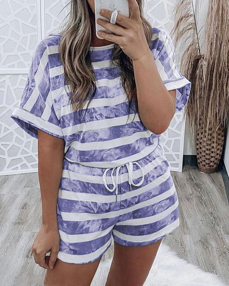 

Tie Dye Striped Print Casual Top & Drawstring Shorts Set, Blue