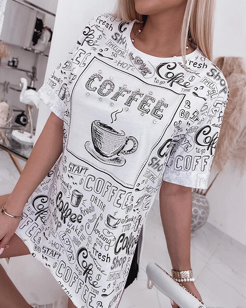 Camiseta con abertura y decoración de diamantes de imitación con estampado de letras