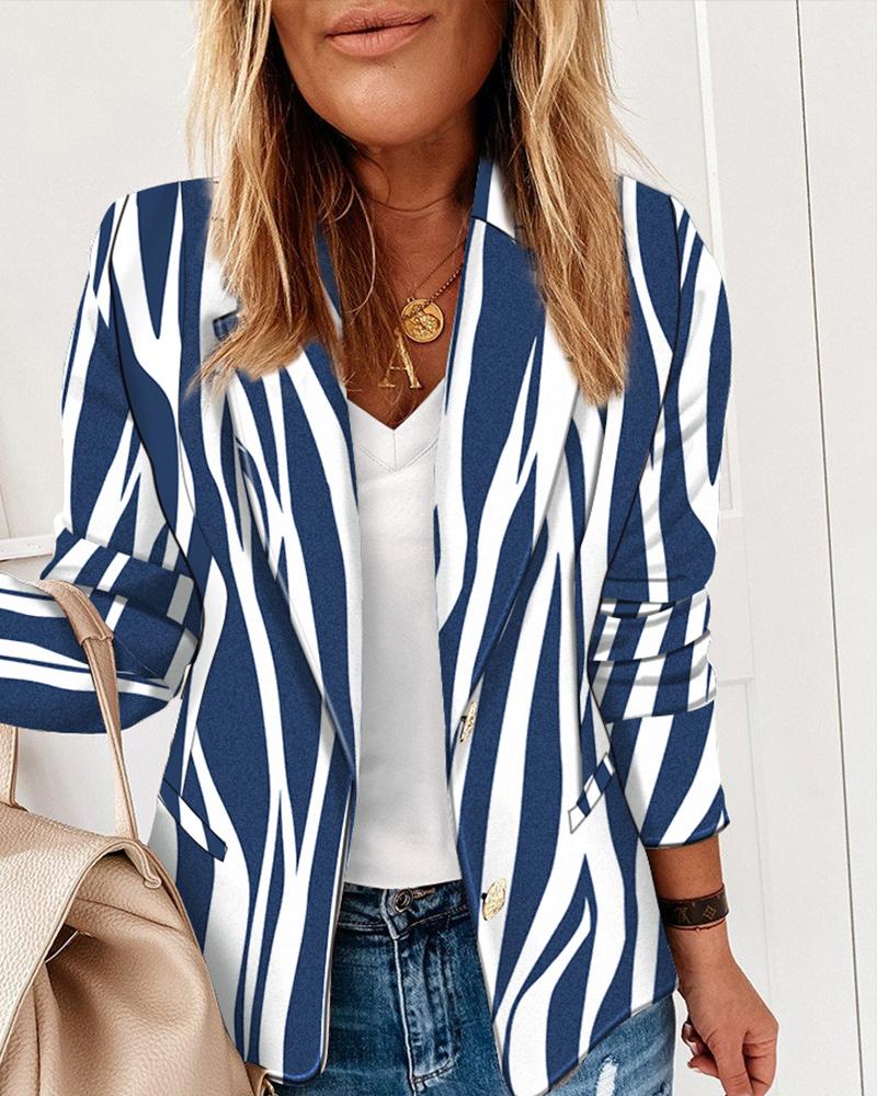 

Striped Print Lapel Collar Double Button Blazer, Blue