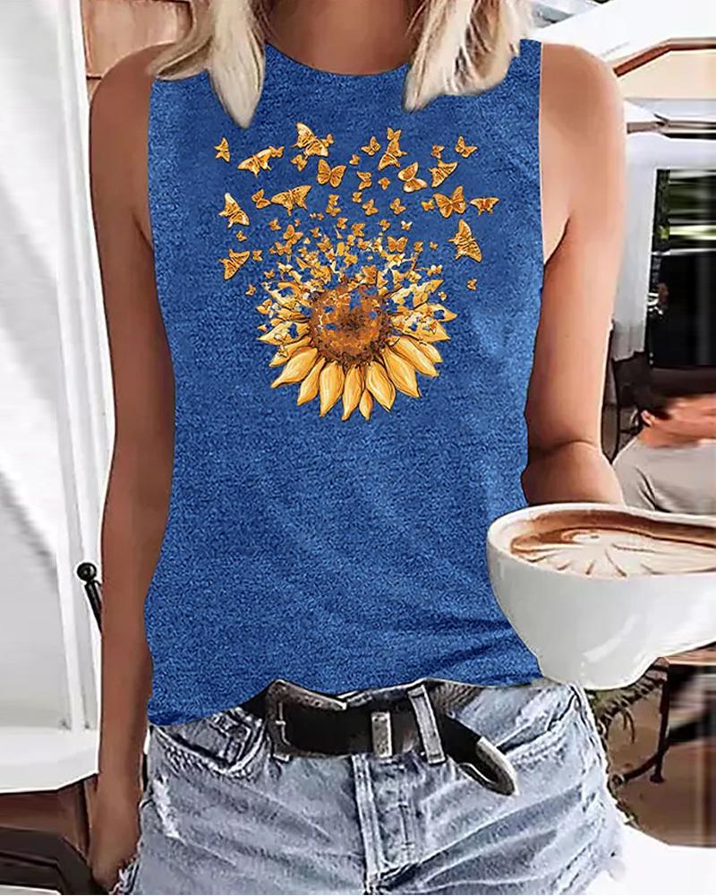 

Sunflower Butterfly Print Basic Tank Top, Blue