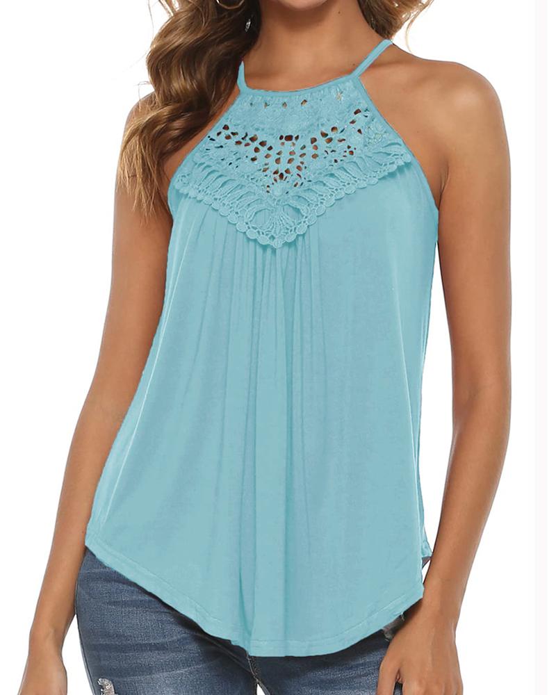 

Spaghetti Strap Halter Lace Flowy Tank Tops, Lighted blue