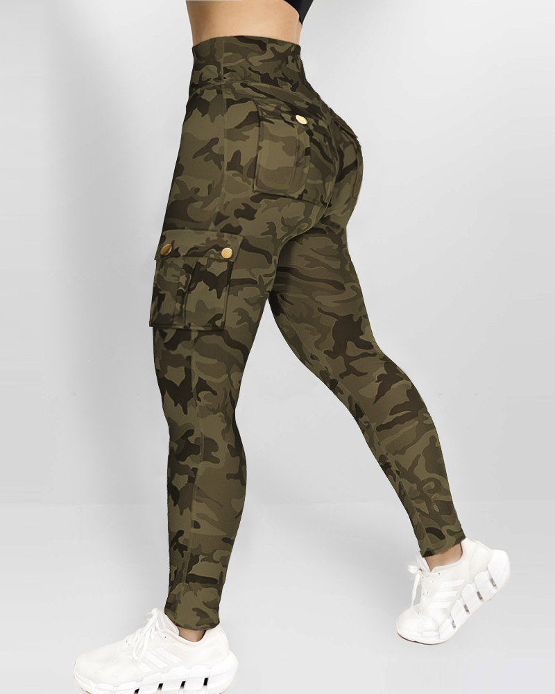 

Camouflage Print High Waist Skinny Button Leggings with Pocket Casual Pants, Army green