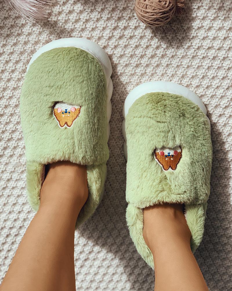 

Cartoon Dog Embroidery Fluffy Casual Slide Slippers, Green