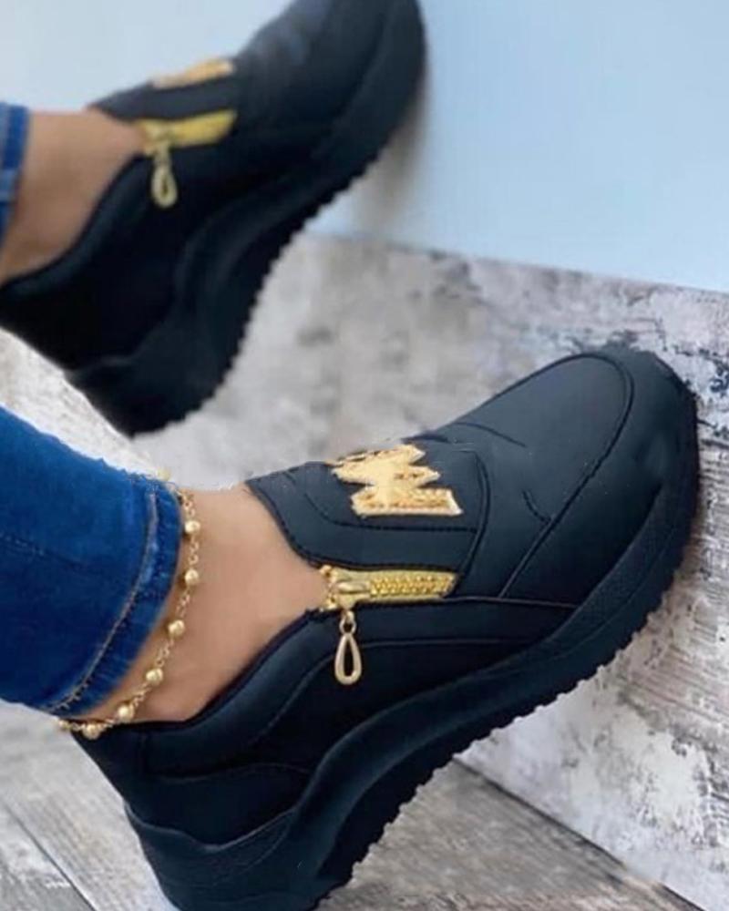 

Round-toe Solid Color Splicing Letter Embroidery Sneakers, Black