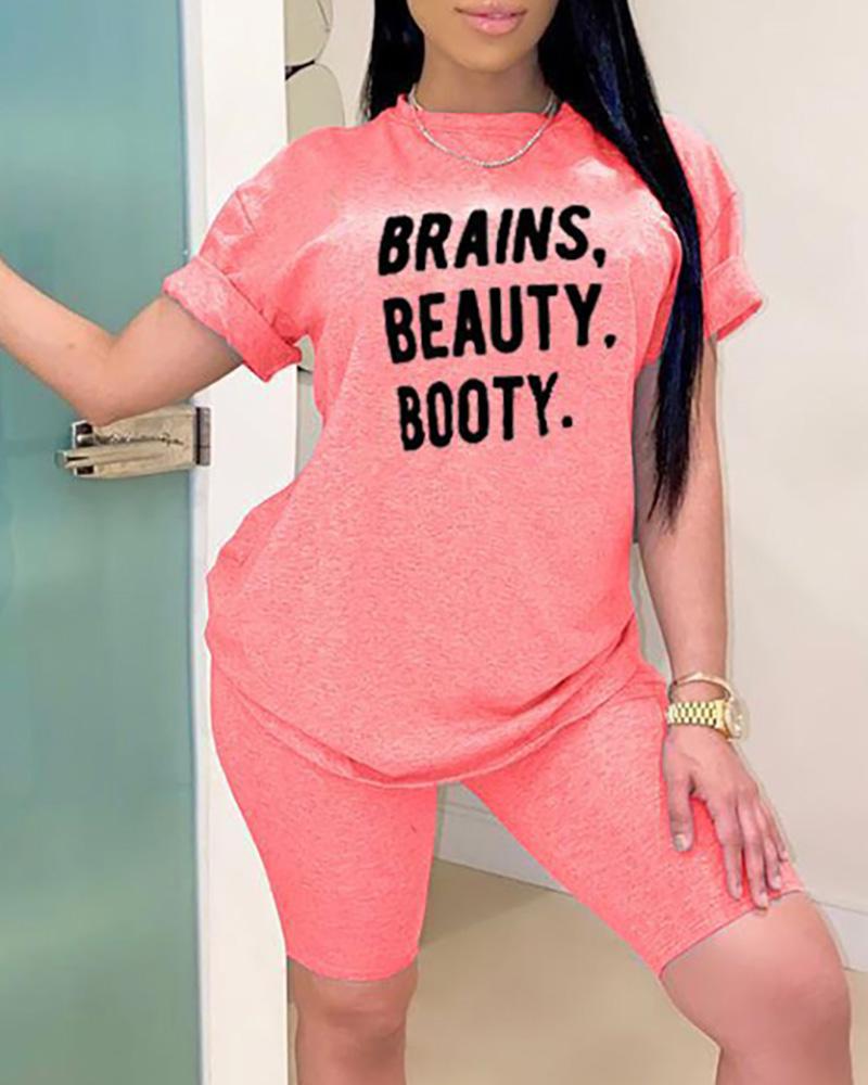 

Letter Print Short Sleeve Top & Shorts Set, Pink