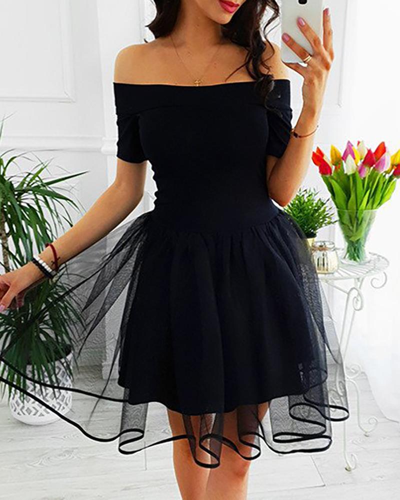 

Off Shoulder Sheer Mesh Ruched Dress, Black
