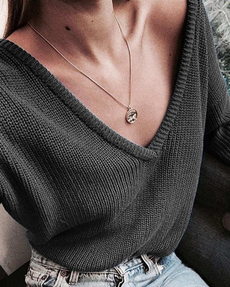 

Plunge Long Sleeve Casual Knit Sweater, Dark grey