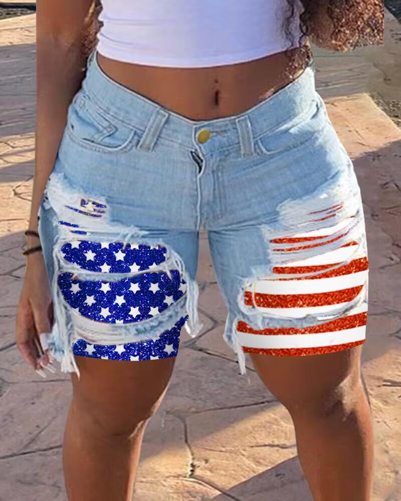 

Short jeans com estampa de bandeira do Dia da Independência com botões e bainha rasgada, Blue