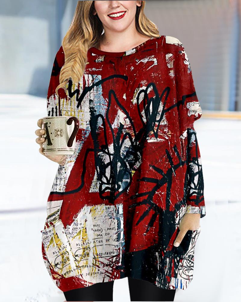 

Plus Size Abstract Print Pocket Detail Long Sleeve Top, Wine red