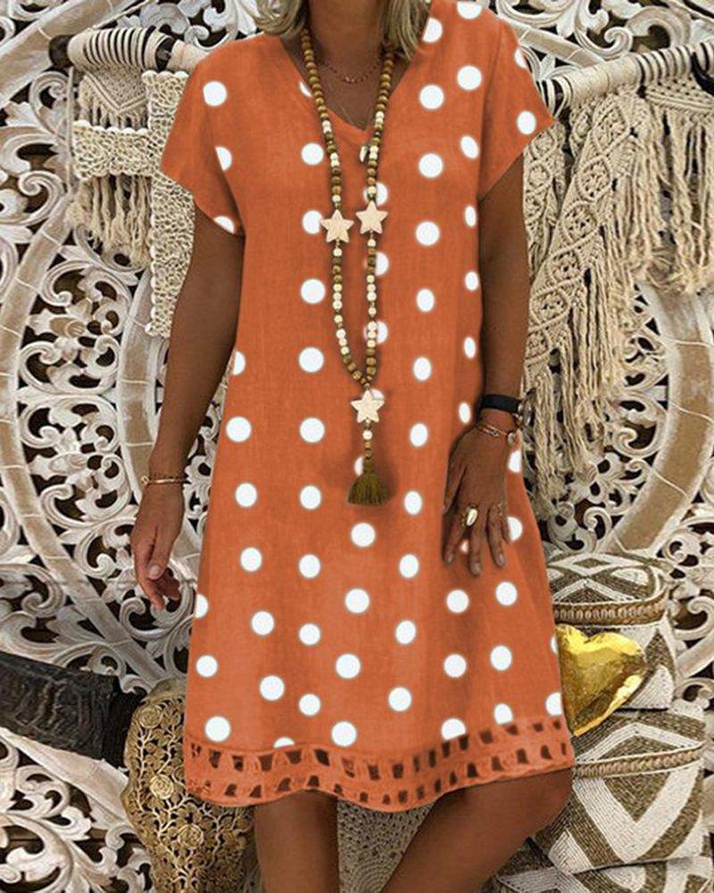 

Polka Dot Print Hollow Out Casual Dress, Orange