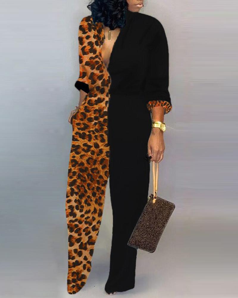 Plunge Colorblock Insert Leopard Jumpsuit