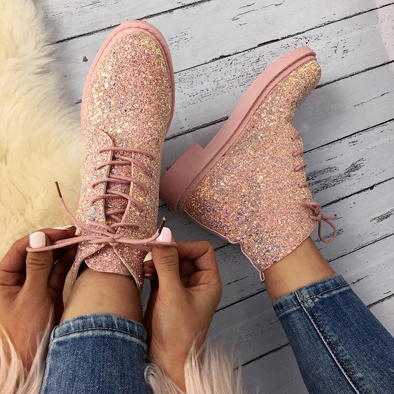 

Stylish Sequins Lace-up Ankle Boots, Black