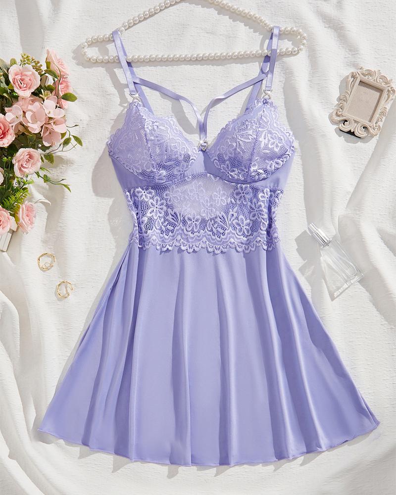 

Robe de nuit avec patch en dentelle et décoration de cœur en strass, Purple