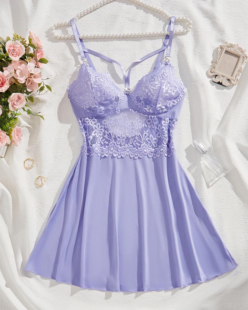 

Vestido para dormir con parche de encaje y decoración de corazón de diamantes de imitación, Purple