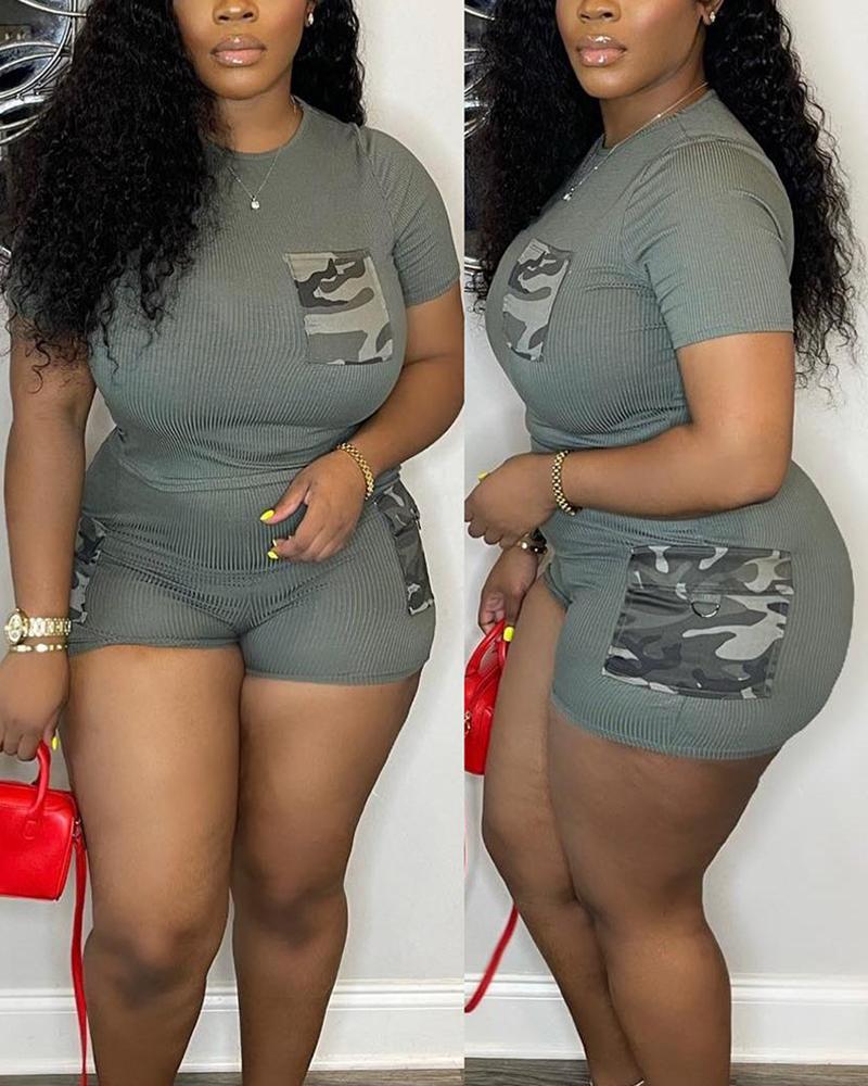 Camouflage Print Patchwork Ribbed Top & Shorts Set