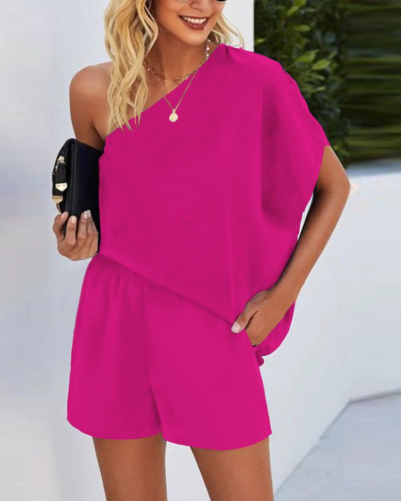 

One Shoulder Top & Pocket Detail Shorts Set, Rose red