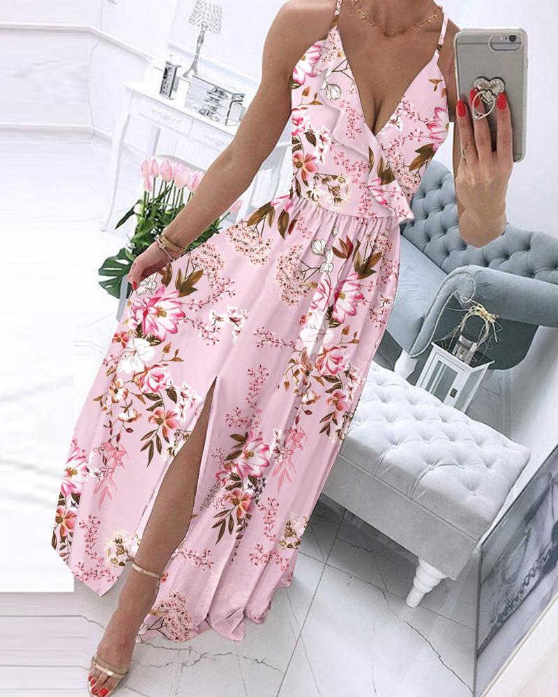 

Floral Print Ruffle Hem Split Thigh Maxi Dress, Pink