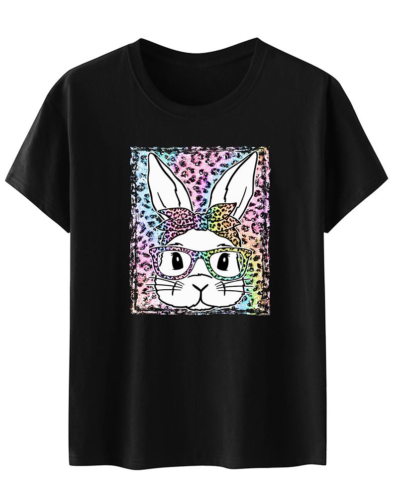 

Easter Leopard Bunny Print Casual T-shirt, Black