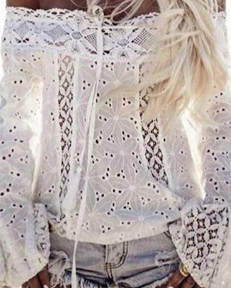 

Off Shoulder Eyelet Embroidery Lace Patch Top, White