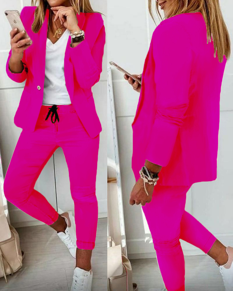 

Lapel Neck Blazer Coat & Drawstring Pants Set, Hot pink