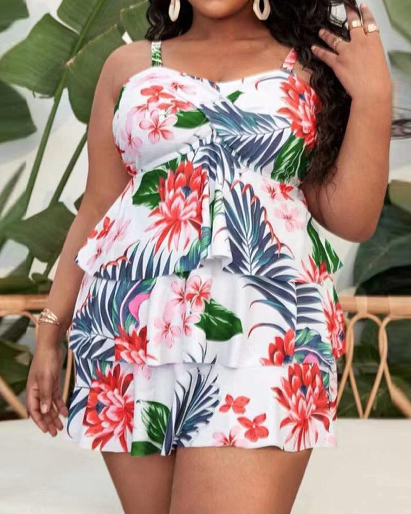 

Plus Size Tropical Print Layered Ruffle Hem Tankini Set, White