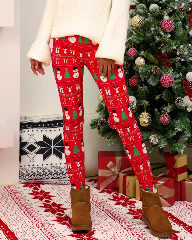 

Christmas High Waist Geometric Graphic Print Skinny Pants, Red