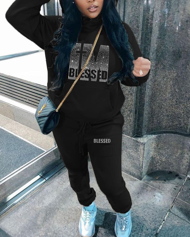 

Plus Size Rhinestone Letter Pattern Casual Hoodie & Pants Set, Black