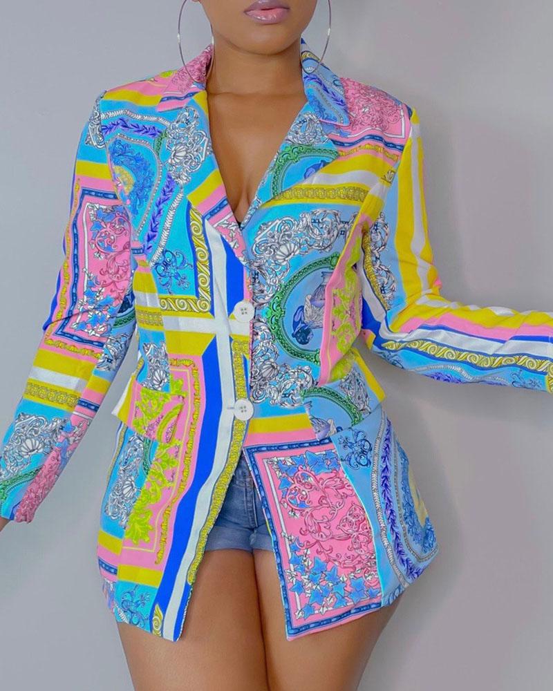 Scarf Print Buttoned Pocket Decor Blazer Coat