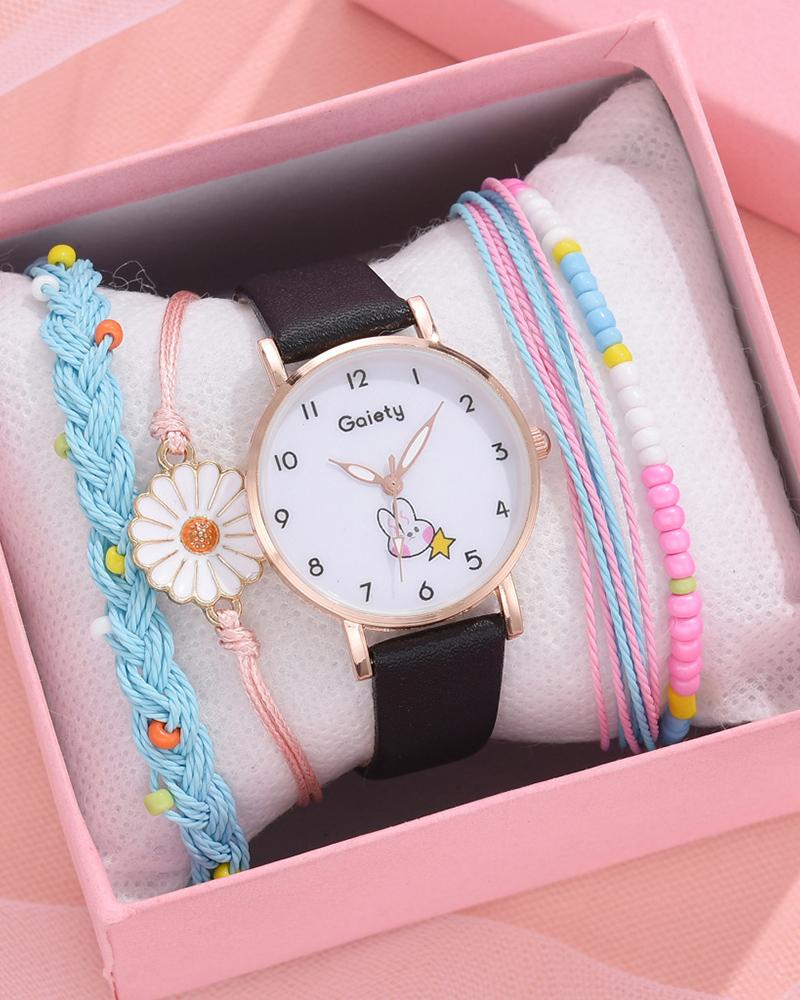 

Rabbit Print Pointer Quartz Watch & Bracelet Set, Black