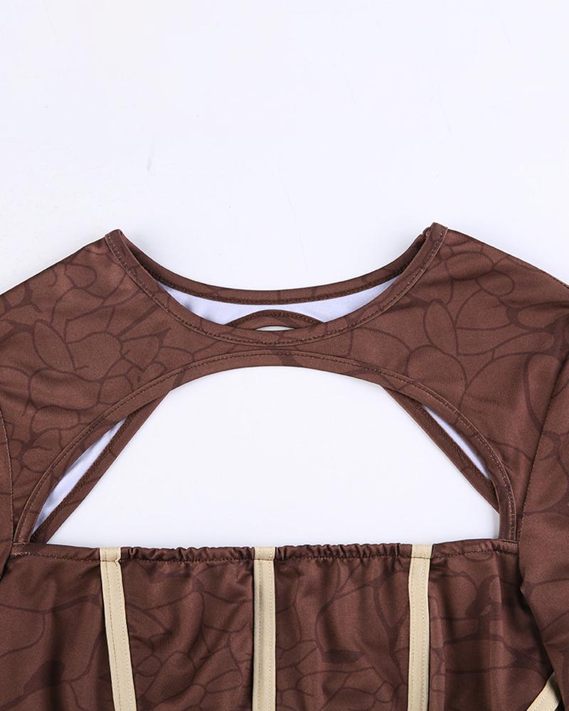 

Abstract Print Cutout Corset Top & Drawstring Skirt Set, Brown