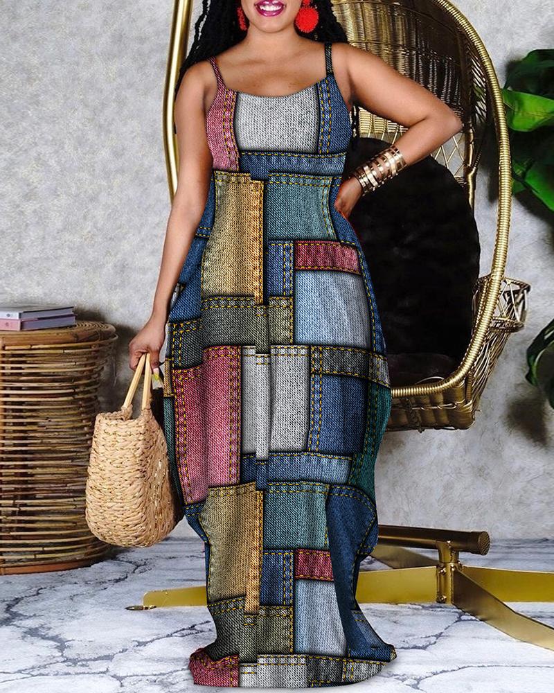 

Denim Look Print Spaghetti Strap Maxi Dress, Multicolor