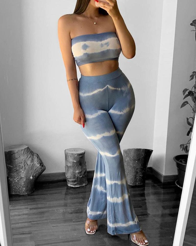 

Tie Dye Print Bandeau Crop Top & Bootcut Pants Set, Blue