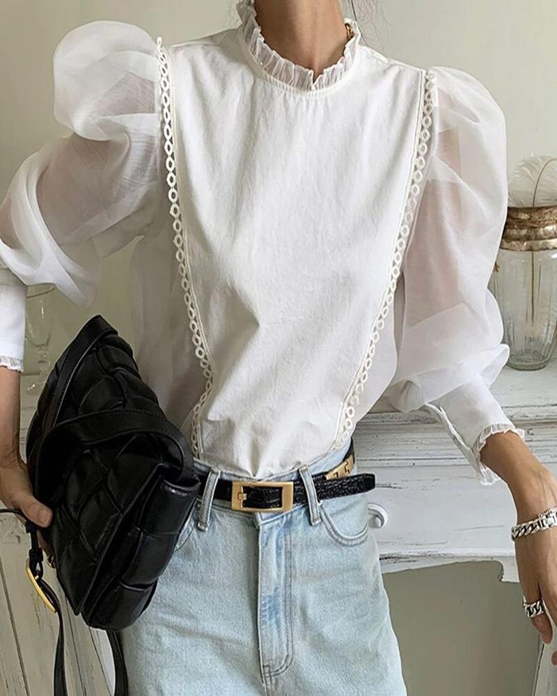 

Puff Sleeve Frill Hem Sheer Mesh Top, White