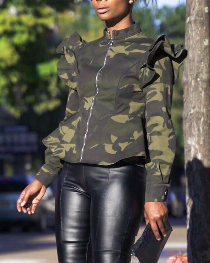 

Plus Size Camouflage Print Ruffle Hem Zip Up Jacket, Green