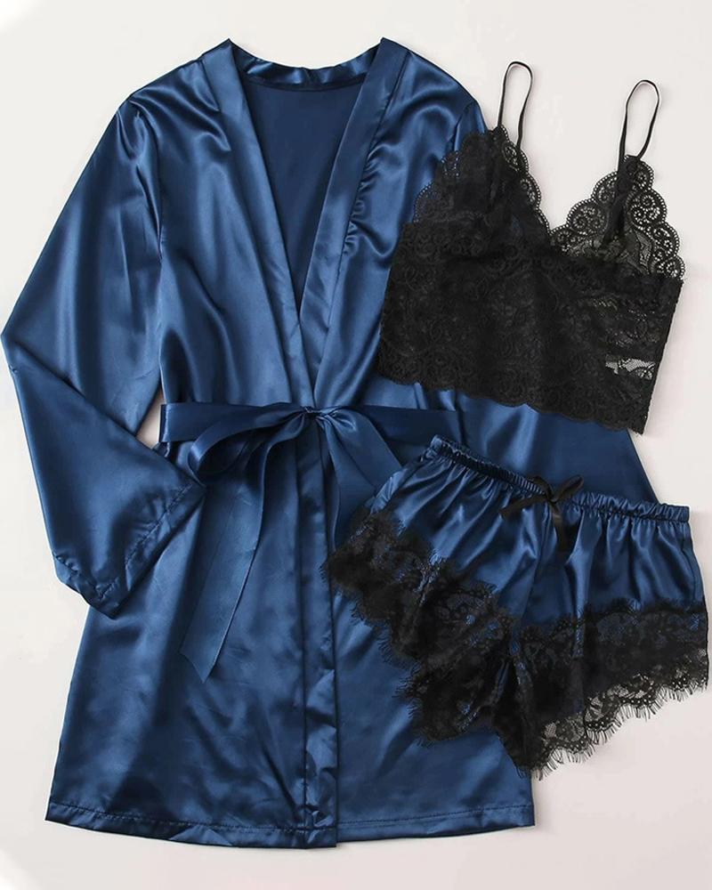 

3PCS Bowknot Decor Lace Cami Set With Belted Satin Robe, Blue