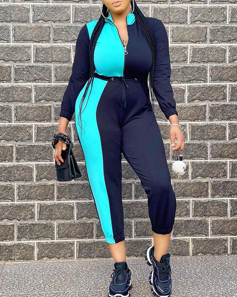 

Colorblock Zipper Design Long Sleeve Jumpsuit, Black
