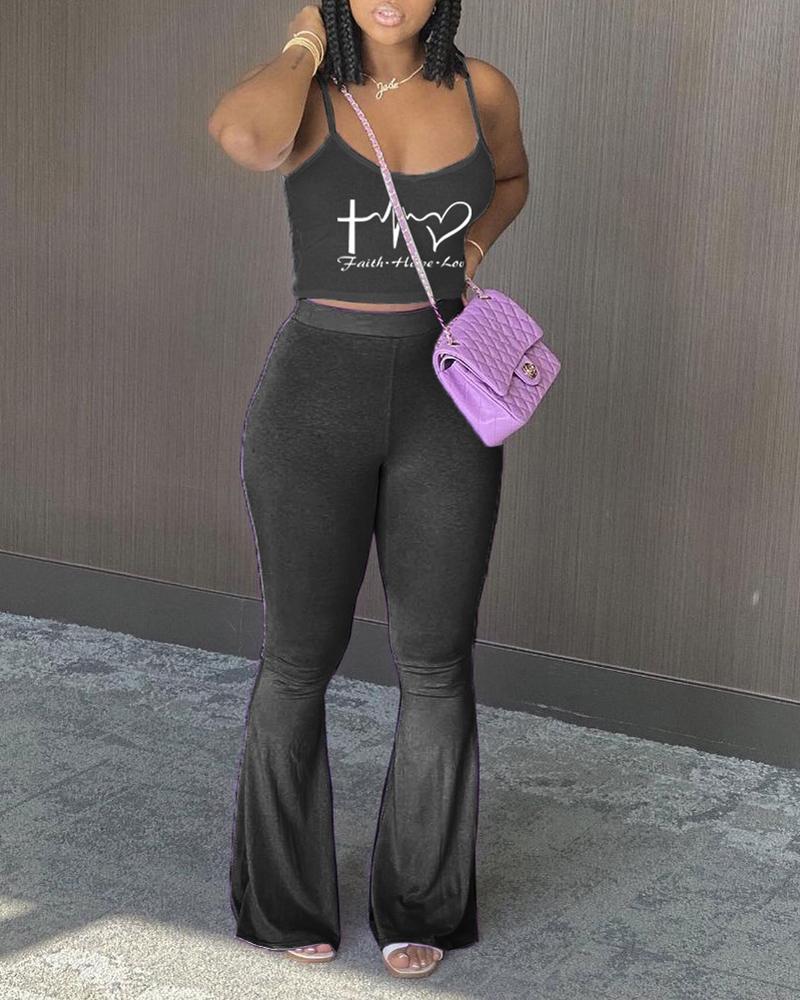 

Letter Heart Print Crop Cami Top & Bootcut Pants Set, Black
