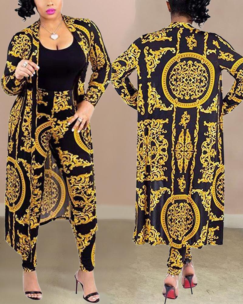 

Plus Size Baroque Print Open Front Longline Top & Pants Set, Gold